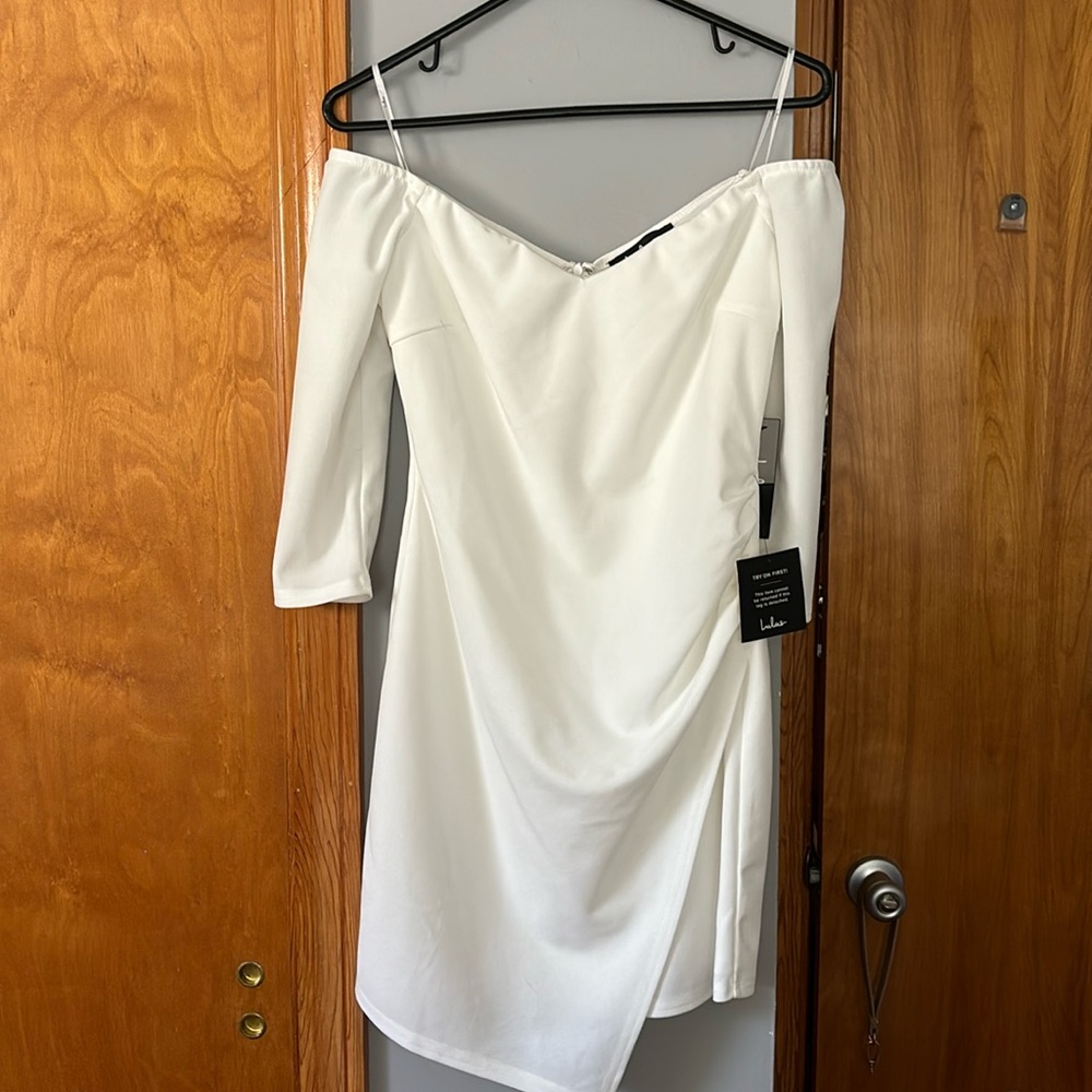 White mini dress, off the shoulder